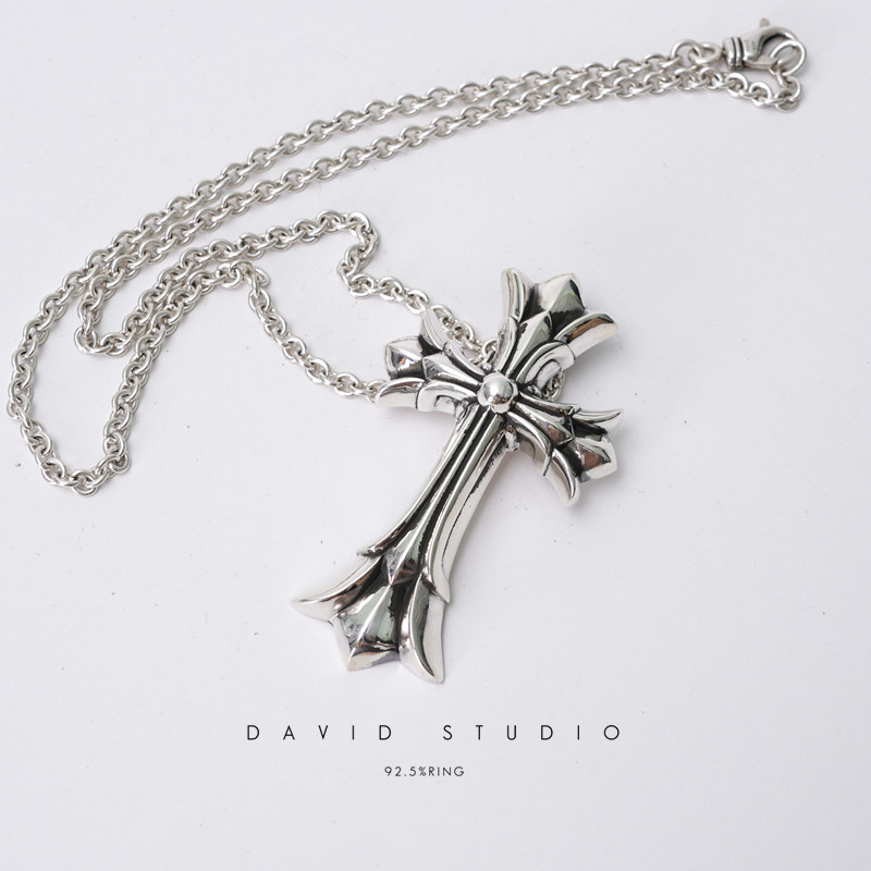 David studio925 sterling silver double cross pendant necklace domineering tidal male motorcycle punk male necklace