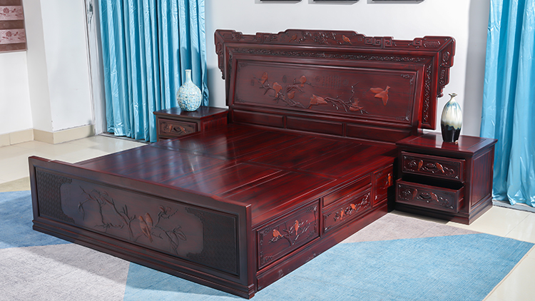 Chinese classical double bed 1 8 meters sandalwood carved flower and bird bed solid wood furniture African rosewood mahogany storage bed