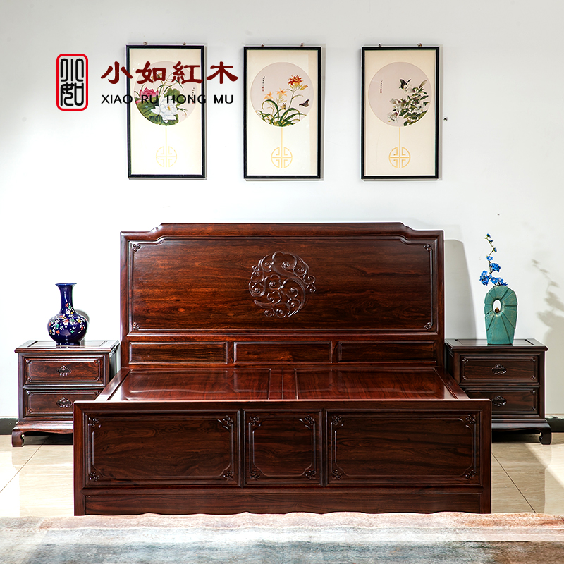 Mahogany bed black acid branch earless simple 1 8m double bed classical Chinese furniture carved lotus solid wood bed storage