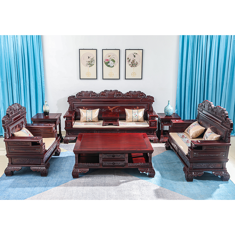 Mahogany sofa African rosewood panel carved living room retro luxury villa solid wood sofa combination set