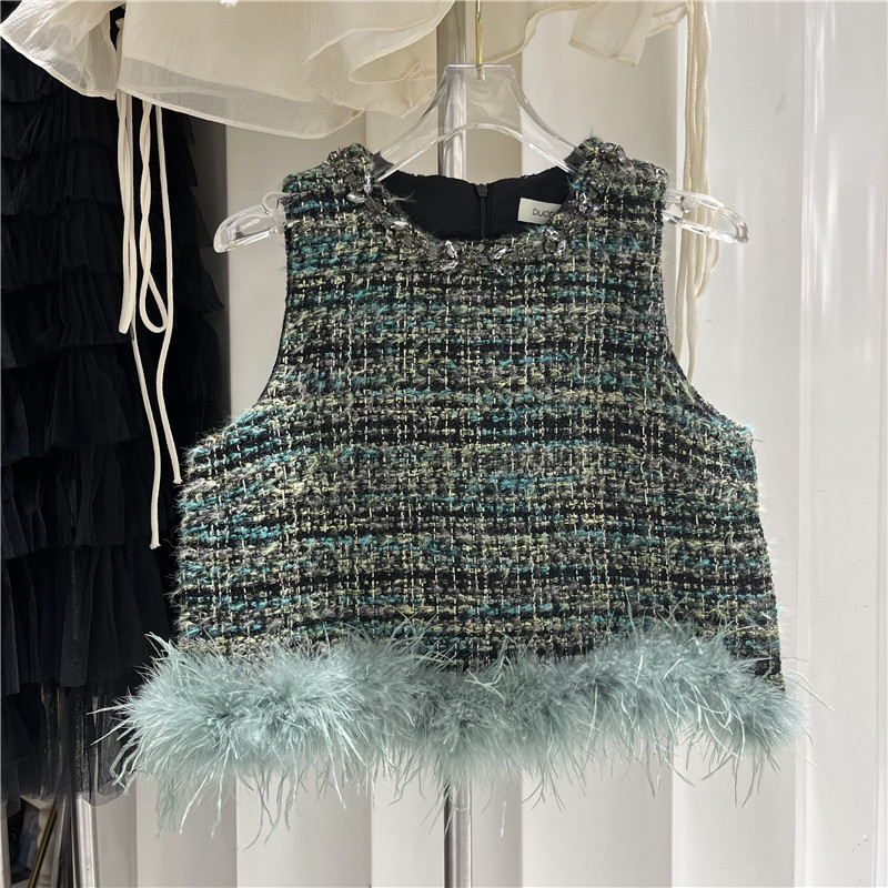 Ostrich Feather Patchwork Tweed Vest for Women 2025 Autumn New Light Luxury Green Feather Tweed Short Vest Top Ostrich Feather Patchwork Tweed Vest for Women 2025 Autumn New Light Luxury Green Feather Tweed Short Vest Top
