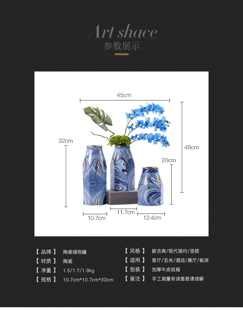 Modern Chinese style blue ceramic flower vases furnishing articles creative club hotel rooms soft adornment bedroom to study