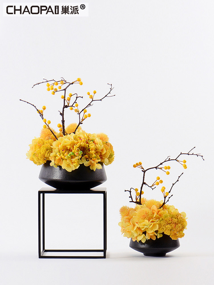 New Chinese yellow simulation overall floral bonsai decoration Living room study desktop Bo ancient frame small potted decorations