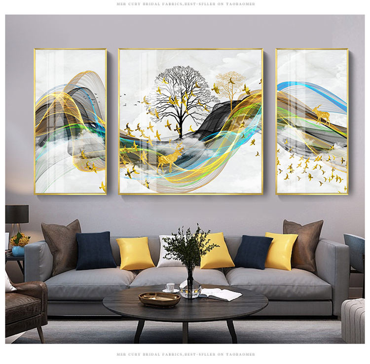 New Chinese style style living room sofa setting wall sanlian decorative crystal porcelain painting show scenery of bedroom the head of a bed hangs a picture