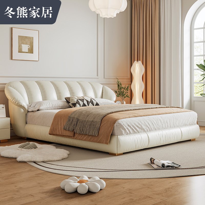 Winter Bear Petal Bed Light Extravagant Minimalist Modern Genuine Leather Bed Double Master Bedroom Large Bed High-end Atmosphere Soft Bag White Wedding Bed-Taobao