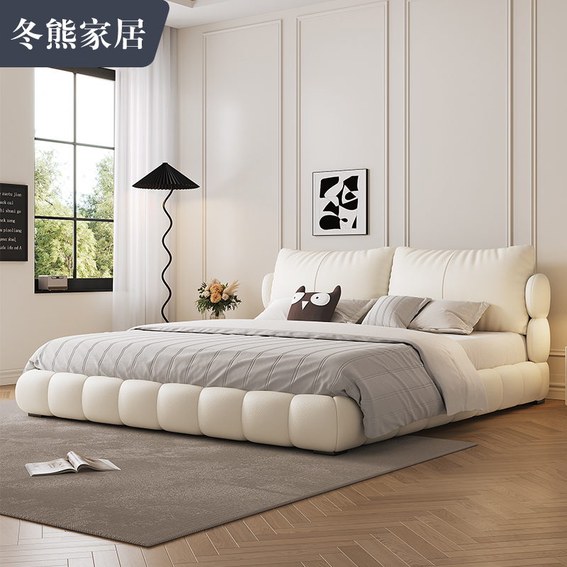 Winter Bear 2023 New Genuine Leather Bed Light Extravagant Modern Style Cream Wind Bubble wedding bed Double master bedroom high-end atmosphere-Taobao