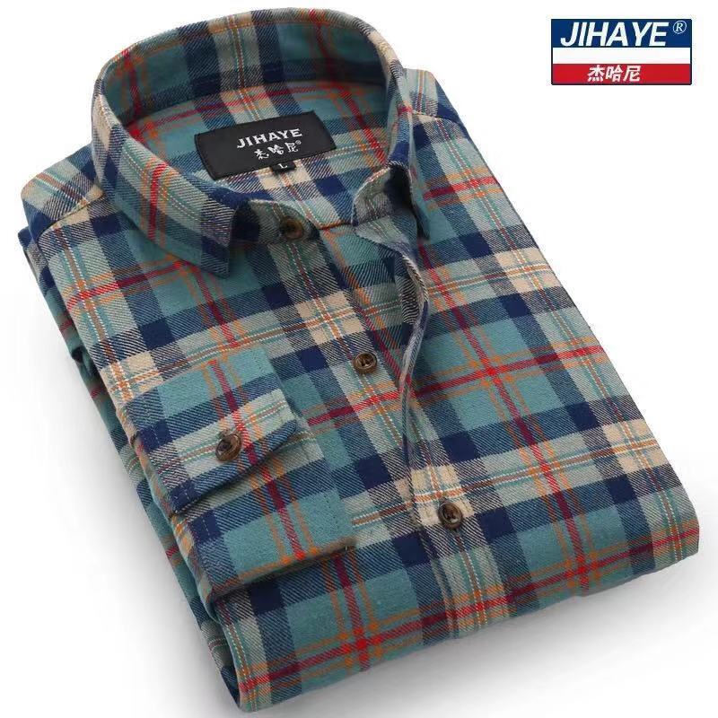 Jehani Spring and Autumn Style Brushed Cotton Plaid Shirt for Men, Long-Sleeved, Thickened, Casual, Warm Jacket, Flannel Shirt