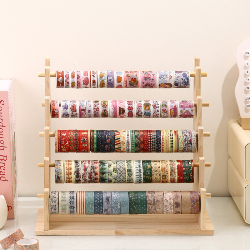 Trendy Fresh Mochi Sticker Desktop Storage Rack for Journaling Tape, Wooden Multi-Layer Ladder Organizer