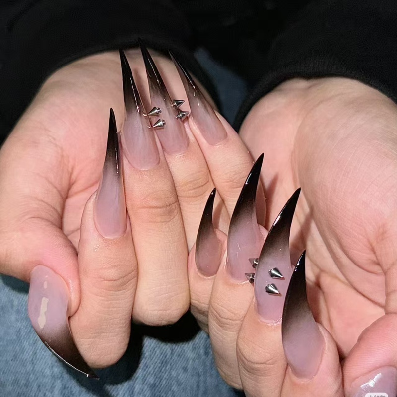 Rc Handmade Finished Product Wearable Nail Art Long Dragon Claw Nails Animal Claw Cat Claw Gradient Black Rivet Nails