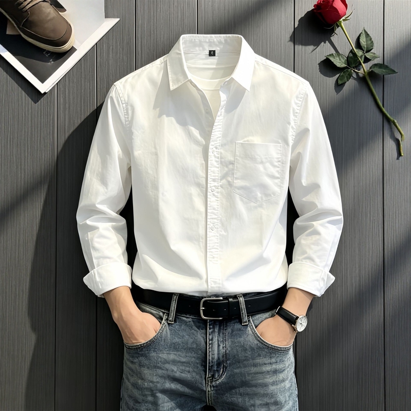 High-End White Pure Cotton Long-Sleeved Shirt for Men, Spring and Autumn 2026 New Trendy Brand Regular Shoulder Shirt Men's Top