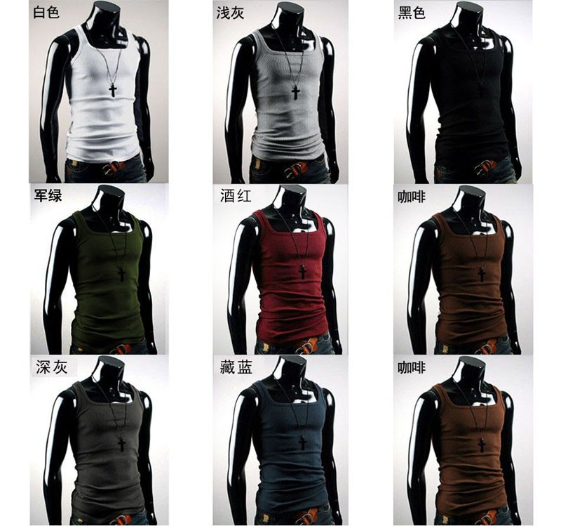 Áo thun nam cổ vuông bằng vải cotton vuông Thân bó sát hình chữ U Áo vest nam cổ chữ U co giãn thon dài mùa hè áo bra quây