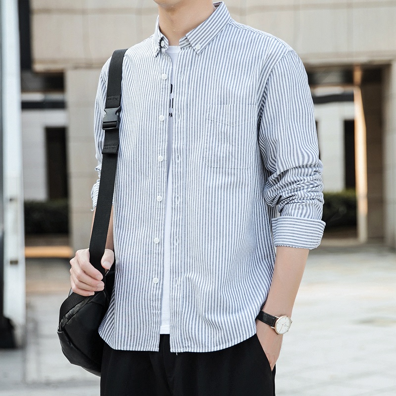 Autumn Men's Pure Cotton Striped Long-Sleeved Shirt Loose Business Casual Shirt Youth Large Size Top Jacket Men's Clothing