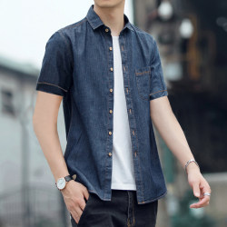 Summer men's loose casual denim shirt fashion cotton short -sleeved shirt thin trendy coat large size men's clothing
