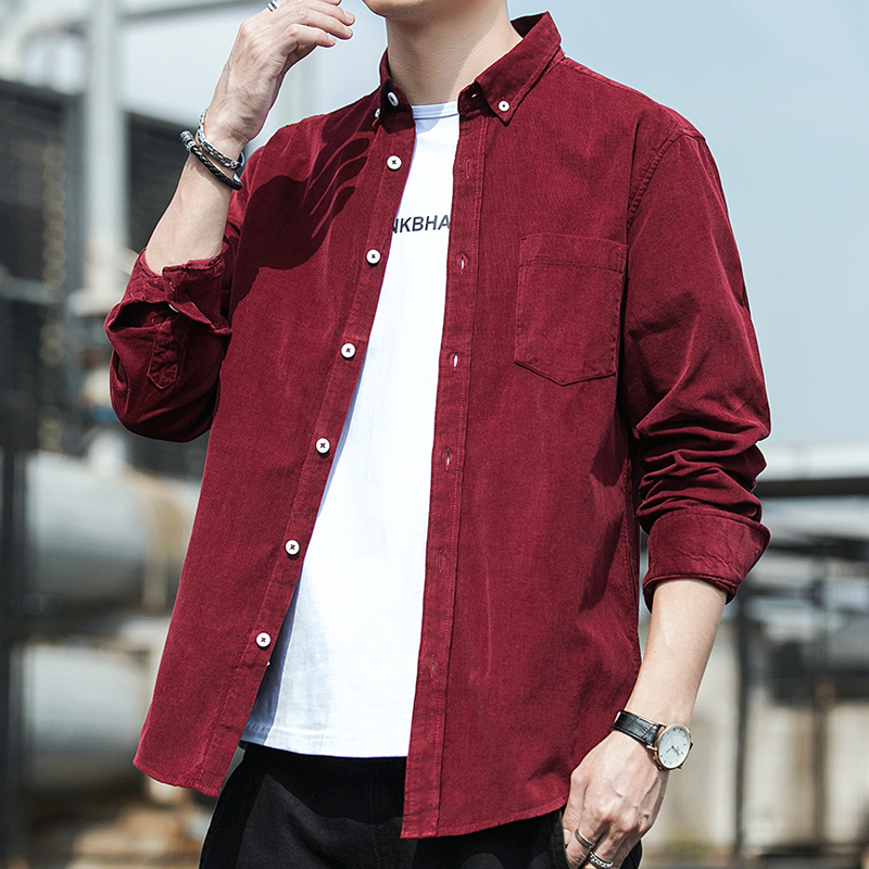 Spring New Men's Pure Cotton Shirt Loose Casual Corduroy Long-Sleeved Shirt Jacket Striped Top Trendy Men's Clothing