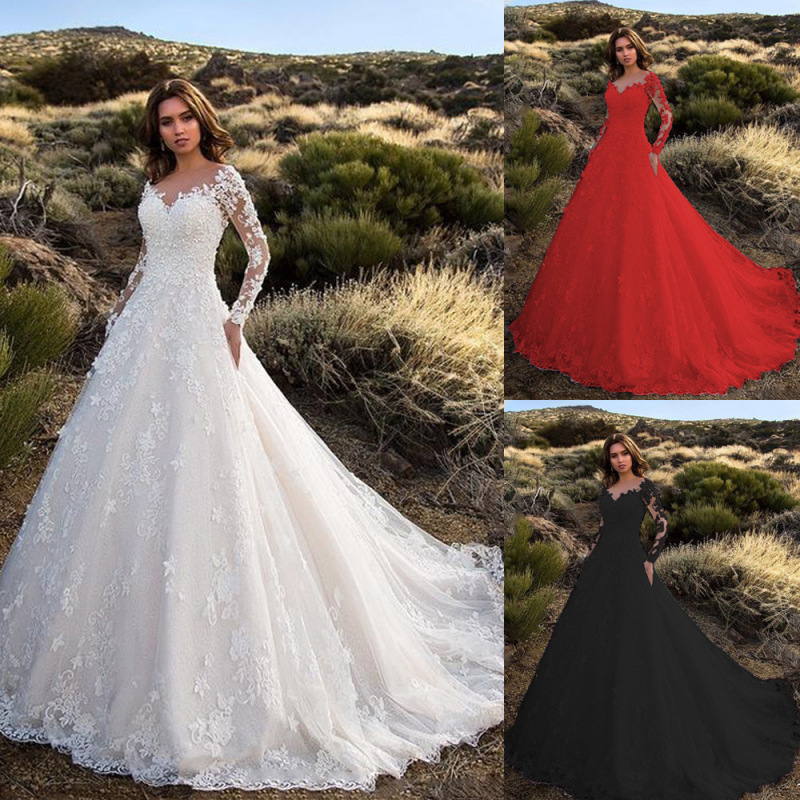 2023 New European and American Women's Clothing Amazon Dress Long-Sleeved Solid Color See-Through Lace Bridal Wedding Dress 2023 New European and American Women's Clothing Amazon Dress Long-Sleeved Solid Color See-Through Lace Bridal Wedding Dress