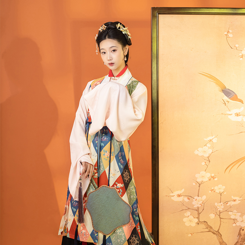 Qingyanji【Like a Spring Song】Original Ming-Style Water Field Clothing with Stand-Up Collar Long Shirt Mamian Skirt Hanfu for Women, Suitable for Spring and Autumn