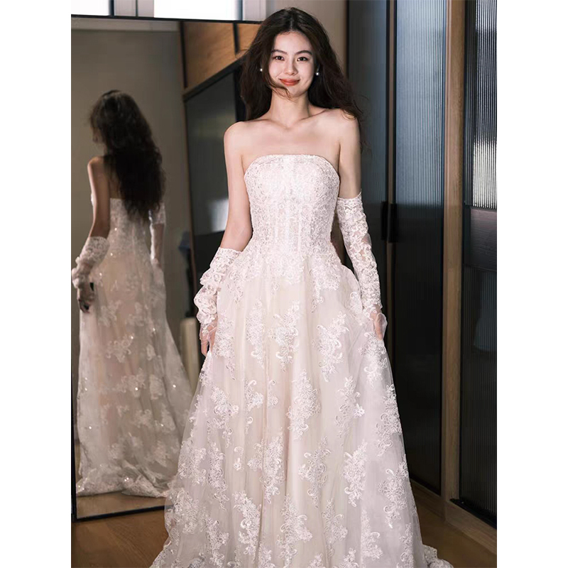 French Lace Strapless Robe with a Vintage Design, Light Wedding Dress with a Forest-Style Super Fairy Train, Bridal Engagement Gown