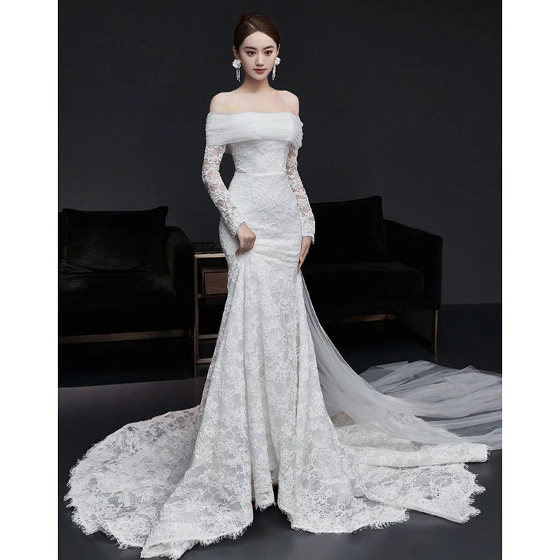 Straight Shoulder Light Wedding Dress Lace Light Lavish Temperament Bride Married Out of the house Feminine Body Tail Long Sleeve Gown Slim Fit-Taobao