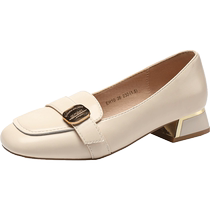 Shallow mouth single shoes for women 2024 new summer French square toe low-heeled loafers spring and autumn soft sole metal buckle small leather shoes
