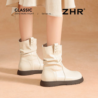 Zhr Flat-Soled Short Boots for Women 2025 Autumn and Winter New Thick-Soled Martin Boots White Slim Boots Western Trouser Boots