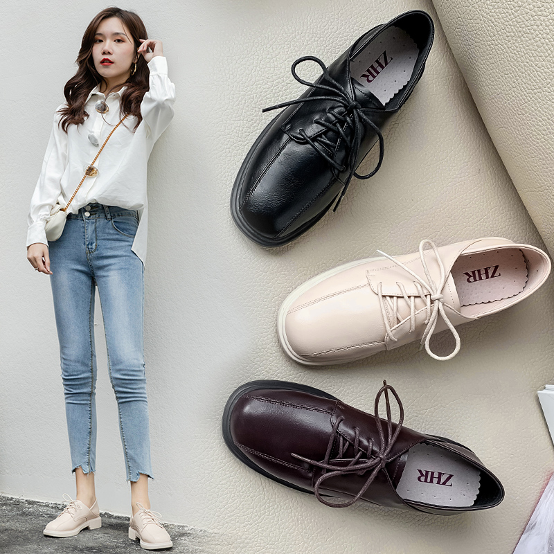 ZHR2021 winter New soft leather retro lace-up English shoes women casual flat shoes children