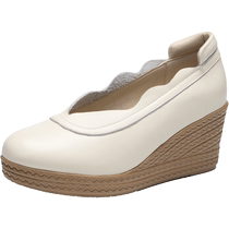 Genuine leather shoes for women 2024 summer new versatile temperament cowhide soft sole comfortable wedge heel thick sole shallow mouth mothers shoes