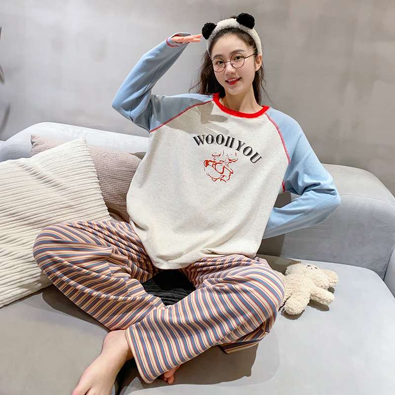 Thickened Brushed Cotton Pajamas for Women, Long-Sleeved, Autumn and Winter, Thickened Pure Cotton, Casual Loose-Fitting, Korean Style, Color-Blocked, German Velvet Loungewear