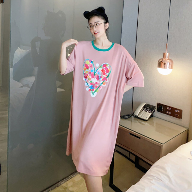 Contrast color love modal short-sleeved nightgown for women summer extra long ice silk thin loose sweet pajamas home clothes
