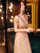 2021 new advanced evening gown dress banquet Temperament Bright Sheet Gold sashimi The host of the Spring Festival Gala