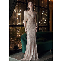 2022 Summer New Evening Dress Fish Tail Golden Temperament Long slim fit and toast Feast to host sexy