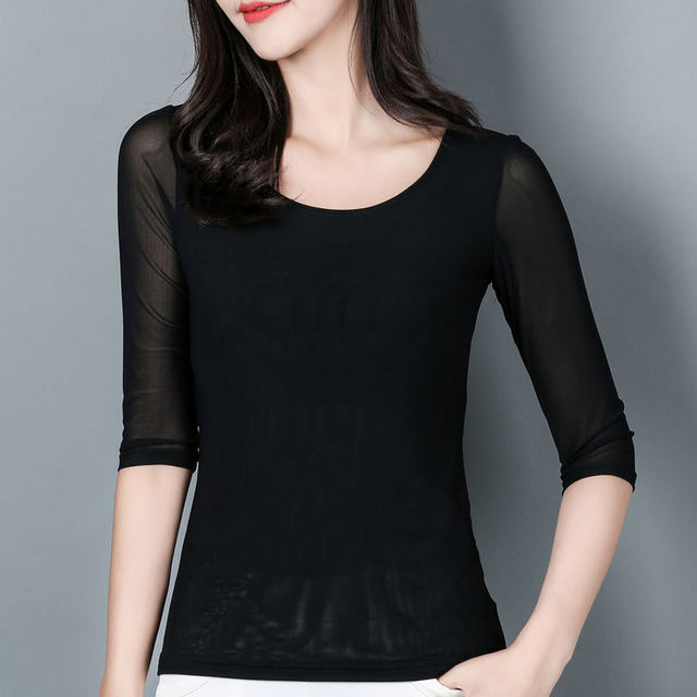 2023 spring new net gauze bottoming shirt black gauze low collar 7 minutes three-quarter sleeves t-shirt women look thin inner top