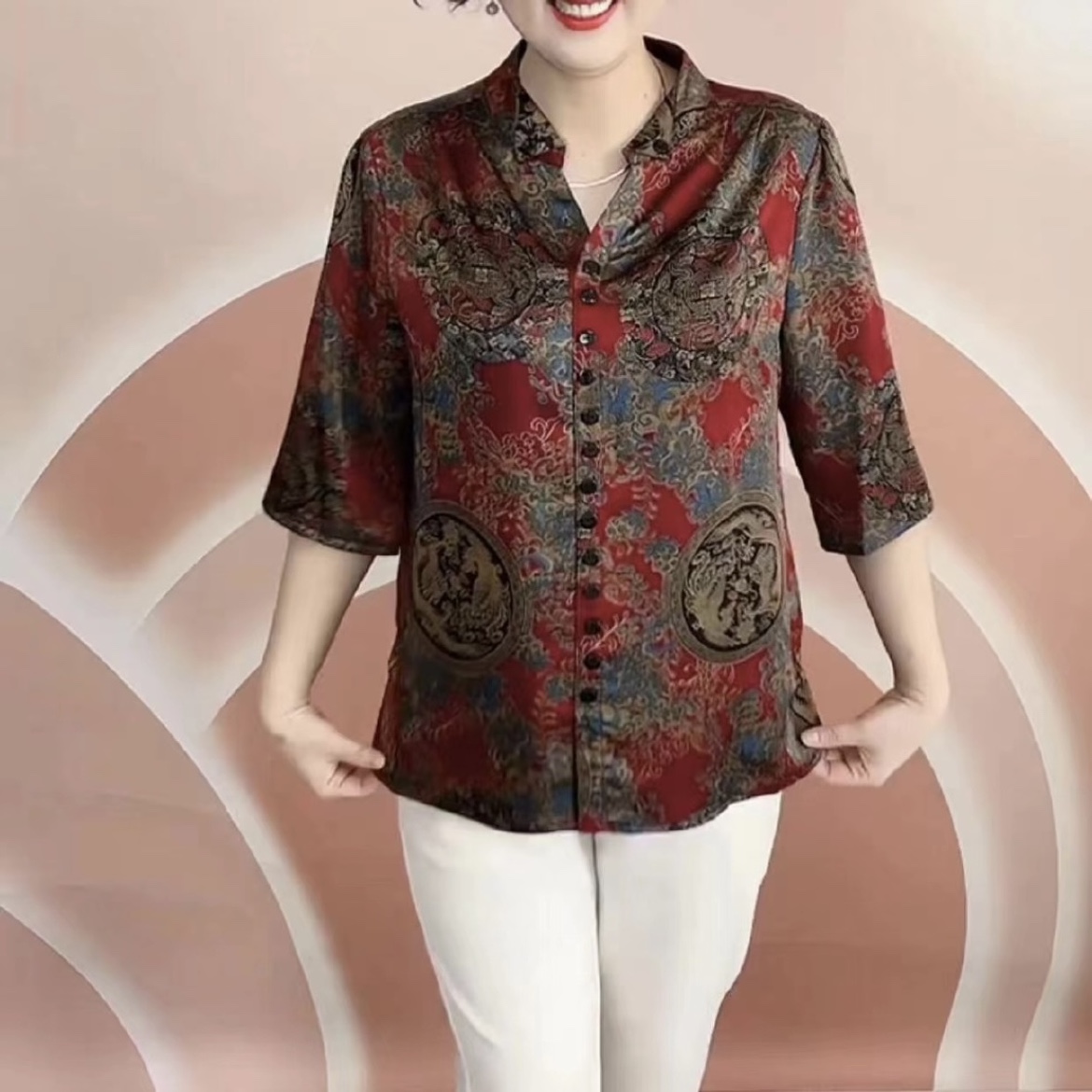 Summer new fashion mother wear dragon and phoenix Chengxiang printing bottoming shirt fat sister slimming large size silk satin top