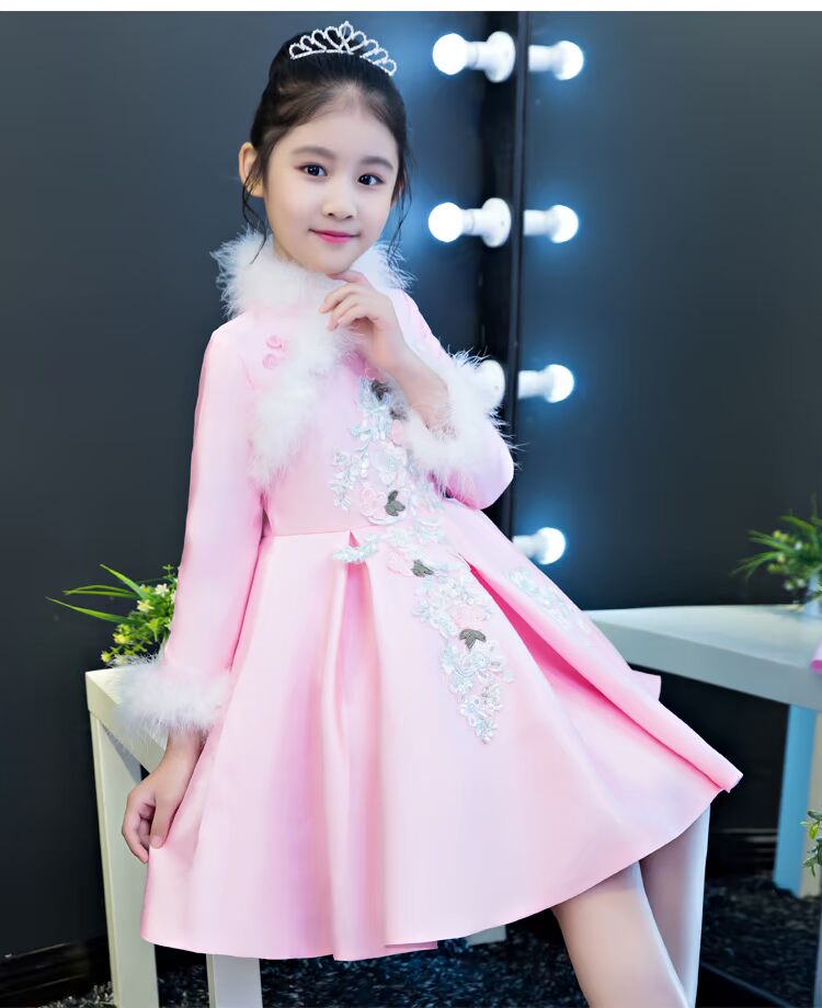 Cô gái đám cưới cô gái và trẻ em chủ nhà nhỏ buổi tối công chúa váy hoa cô gái sinh nhật trang phục dài tay dày mùa thu và mùa đông váy đầm thu đông cao cấp bé gái