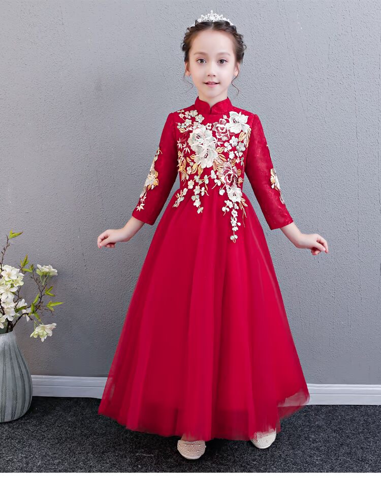 Cô gái đám cưới lông đỏ trẻ em chủ nhà buổi tối công chúa váy catwalk hoa cô gái piano trang phục mùa đông trang phục dự tiệc cho bé