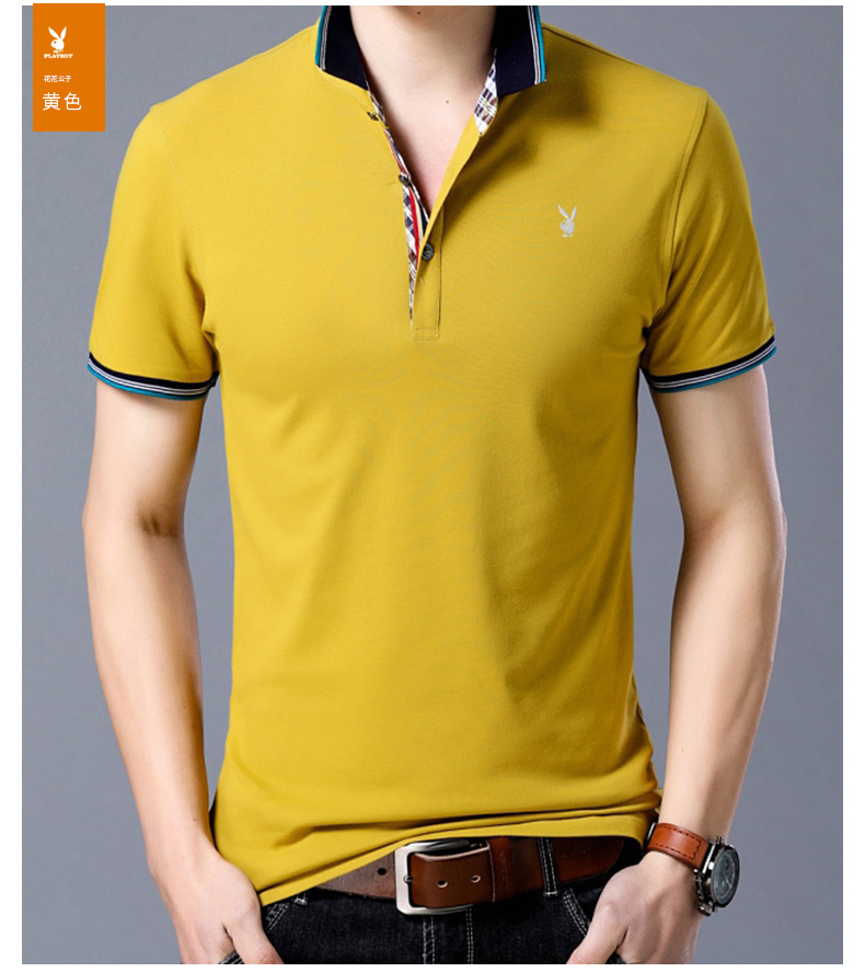 Áo thun ngắn tay Playboy nam mùa hè Slim Lapel POLO Áo sơ mi màu trơn Áo thun mỏng màu xanh lá bông áo thun nam có cổ lacoste