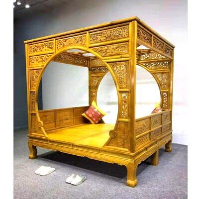 Indonesian flower pears wood Chinese style comeback classical generation one thousand workers solid wood carved double moon cave bed Palace Racks bed Beds-Taobao