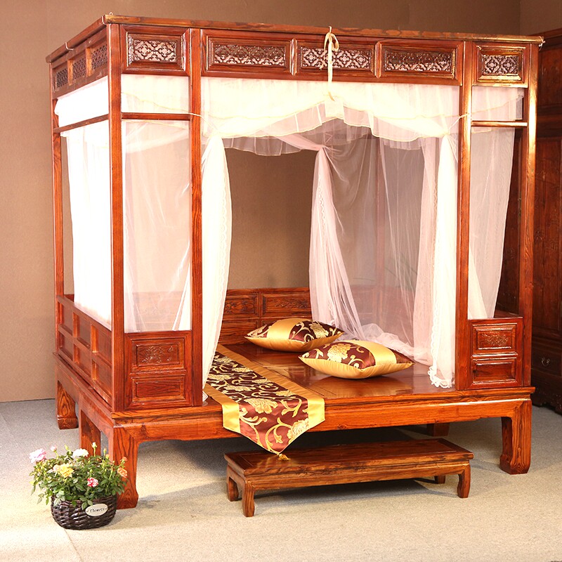 Old Elm rack bed retro solid wood Chinese carved Ming and Qing classical homestay furniture antique generation Chinese safflower pear