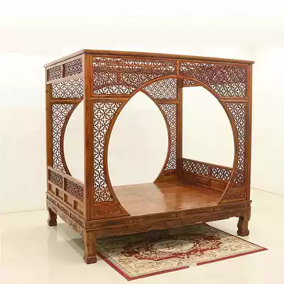 Old elm Chinese-style single and double moon hole shelf bed Ming and Qing Dynasties antique bed Solid wood carved safflower pear plucking stepping bed