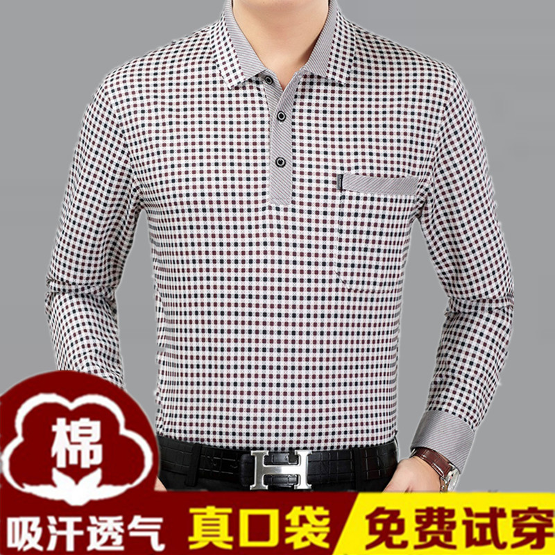 Người đàn ông trung niên của dài tay T-Shirt cotton phần mỏng kinh doanh ve áo 40-50 năm tuổi quần áo cha nạp trung niên quần áo nam