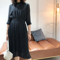 Wall crack recommended tail good care Black fine wave dot waist embroidery decorative pleated dress 0601D2