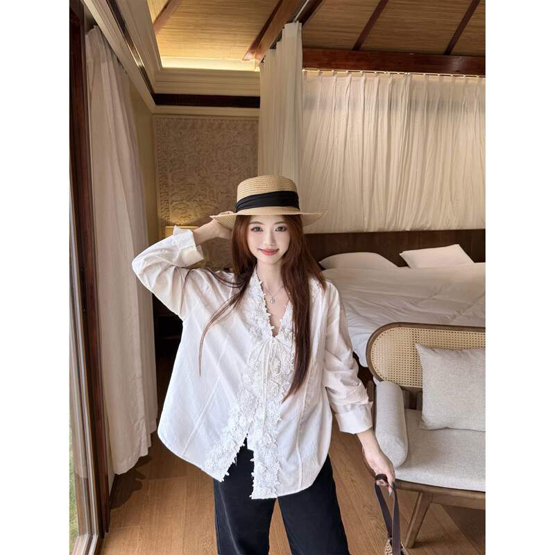 Elegant Solid Color Heavy Lace V-Neck Long Sleeve Shirt for Women 2026 Autumn Versatile Loose Chic Sweet Blouse Elegant Solid Color Heavy Lace V-Neck Long Sleeve Shirt for Women 2026 Autumn Versatile Loose Chic Sweet Blouse