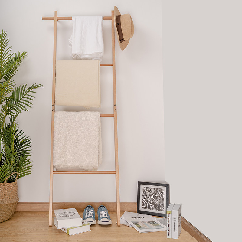 Solid wooden ladder towel rack Japanese ladder hanging rack HomeBed towel frame canvas cap frame easy to lean wall rack