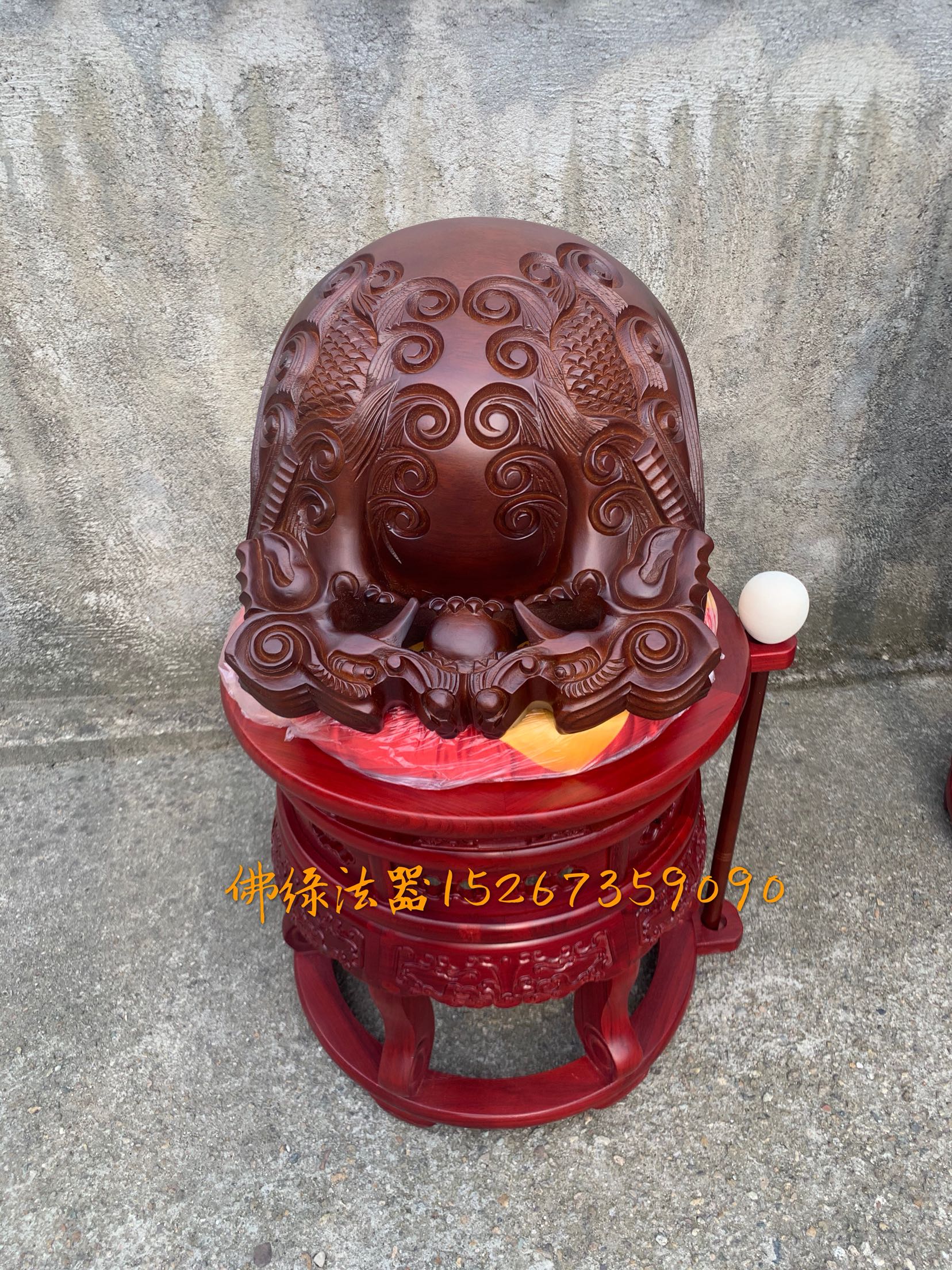 Buddhist Taoist temples Supplies Wares All Solid Wood Wood Fish Red Wood Dragon Carved Wooden Fish Matching Cotton Cushion Wooden Hammer