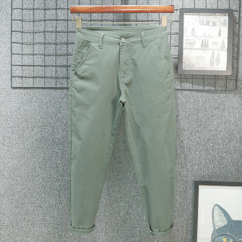 High-End Light Green Summer Thin Loose Nine-Point Casual Pants for Men, Tapered Slim-Fit Stretch Cotton Pants