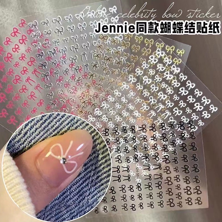 Jennie Style Nail Art ins Milky White Black Gold Silver Pink Mini Simple Bow Girly Nail Stickers