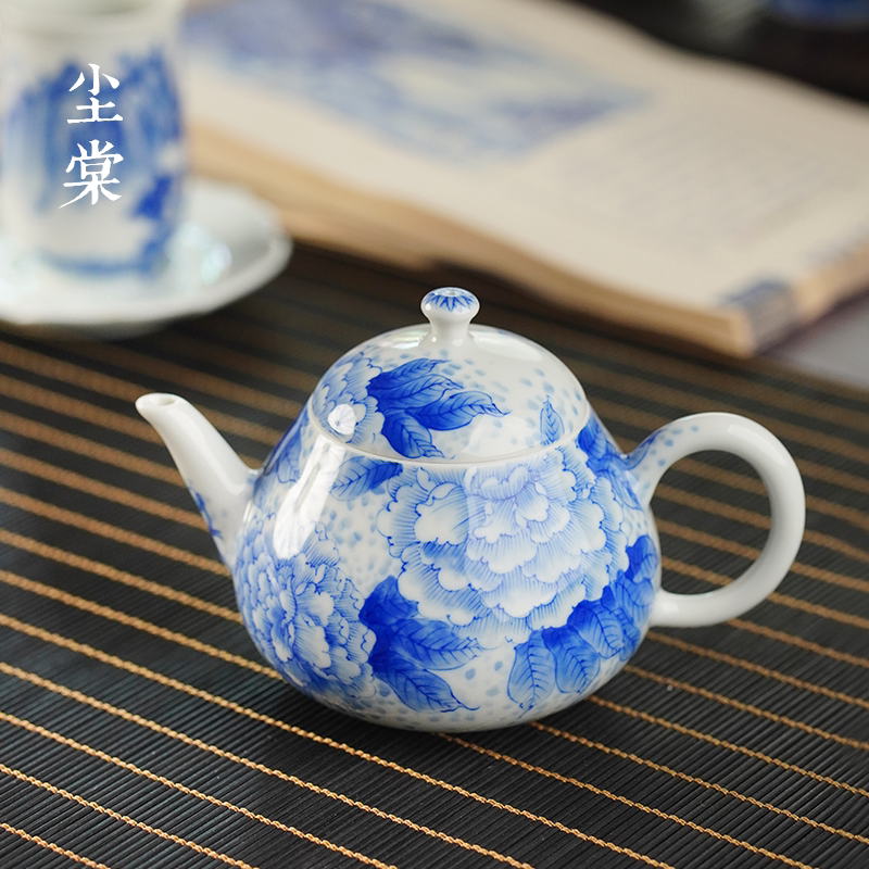 Chentang Kiln Hand-Painted Blue and White National Flower Peony Pattern Pear-Shaped Ceramic Teapot Kung Fu Tea Brewing Pot Single Pot Jingdezhen Handmade