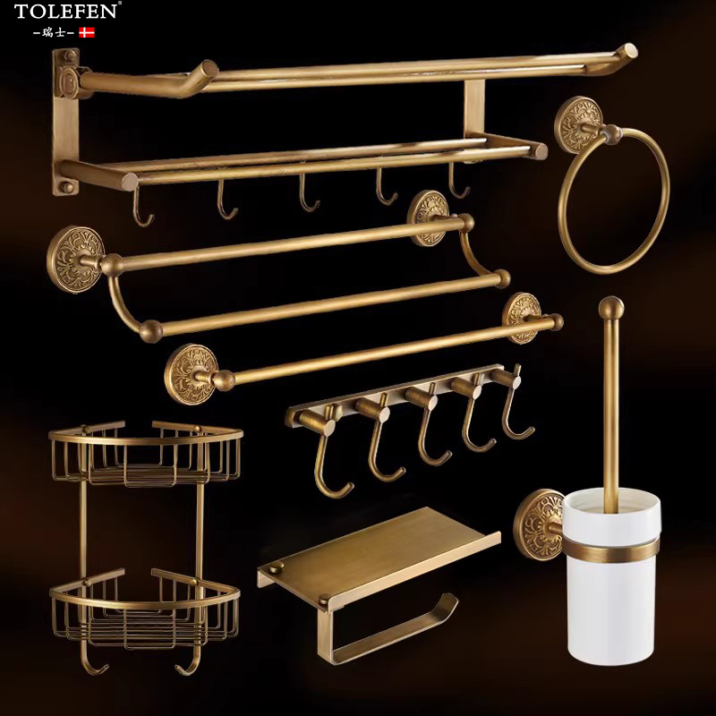 High-End Antique-Style Towel Rack, All-Copper, No-Drill Bathroom Hardware Set, Towel Rack, Light Luxury Bathroom Storage Rack