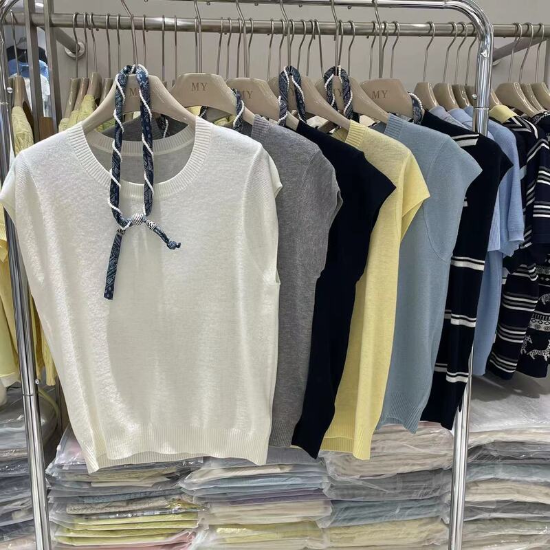 European Goods 2026 Spring New Fashion Round Neck Ribbon Linen Wool Short-Sleeved Knitted Elegant Commuter Top