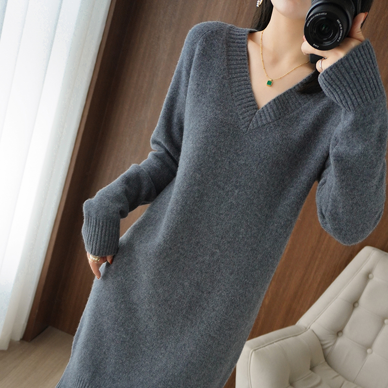 Vネック カシミア セータードレス レディース 冬新作 ミドル丈 オーバーザニーセーター ゆったり ウール ニットドレス ボトムス シャツ