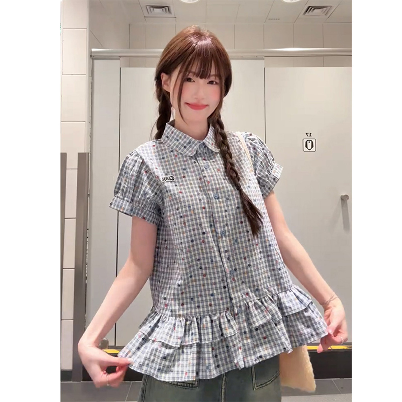 Korean Retro Blue Plaid Short-Sleeved Shirt for Women in Summer, Loose College Style Waist-Cinching Lapel Shirt, Short Top